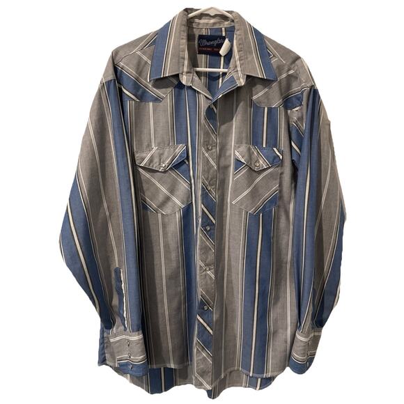 Wrangler Other - Wrangler Western Shirt Mens L-16.5-Blue Gray Pearl Snap Cowboy 90s-X Long-Vntg